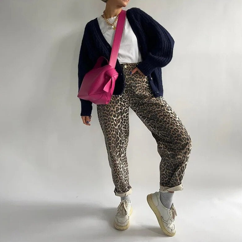 Vintage Damesjeans met Luipaardprint – Hoge Taille en Elastische Band
