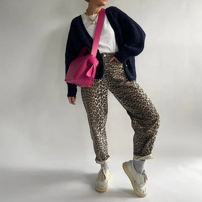 Vintage Damesjeans met Luipaardprint – Hoge Taille en Elastische Band