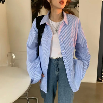 Elva | Dames Oversized Gestreept Overhemd met Lange Mouwen | Blauw