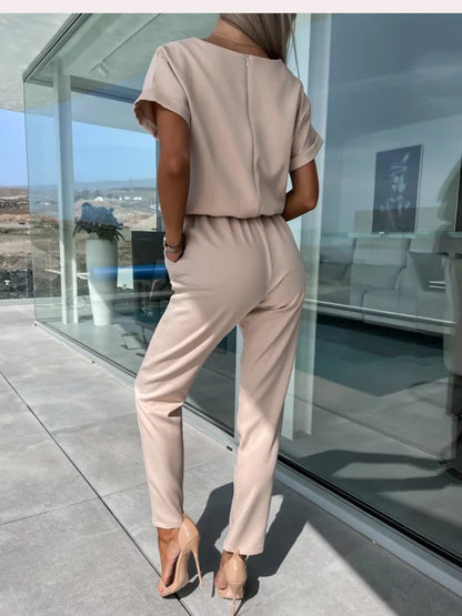 Dames Jumpsuit Korte Mouwen met Ceintuur Elegant