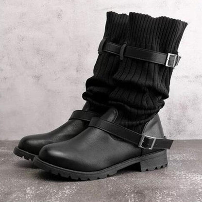 Dames Leren Laarzen Warm Gebreid Wol Winter - Mode Vibes