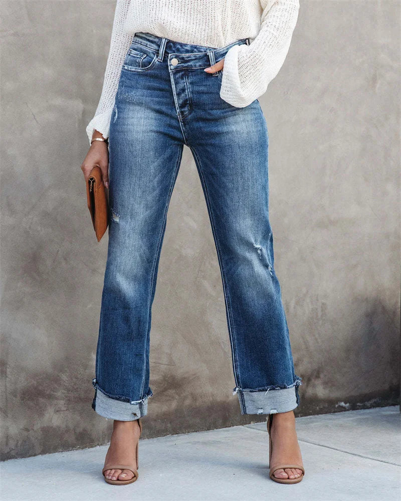 Hoge Taille Jeans Dames Recht Model Met Knoopsluiting - Mode Vibes
