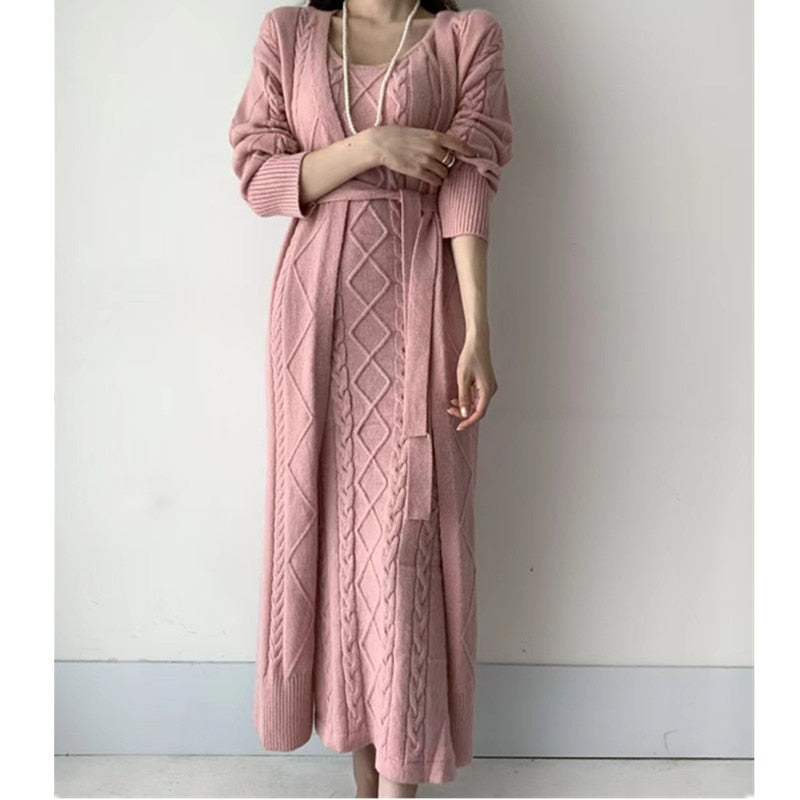 Warme Gebreide Winterjurk met Vest 2-Delige Set