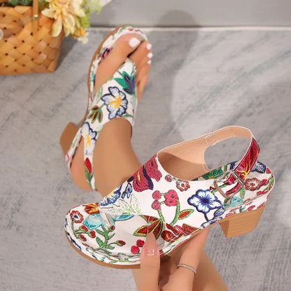 Dames Sandalen Bloemenpatroon Blokhak Yasmina