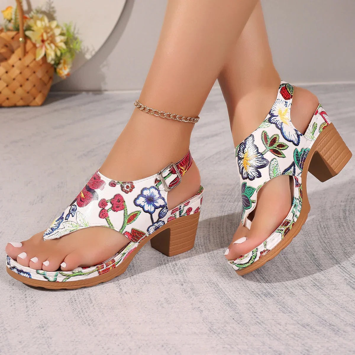 Dames Sandalen Bloemenpatroon Blokhak Yasmina