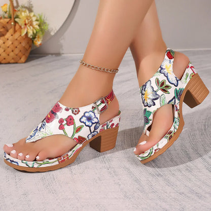 Dames Sandalen Bloemenpatroon Blokhak Yasmina