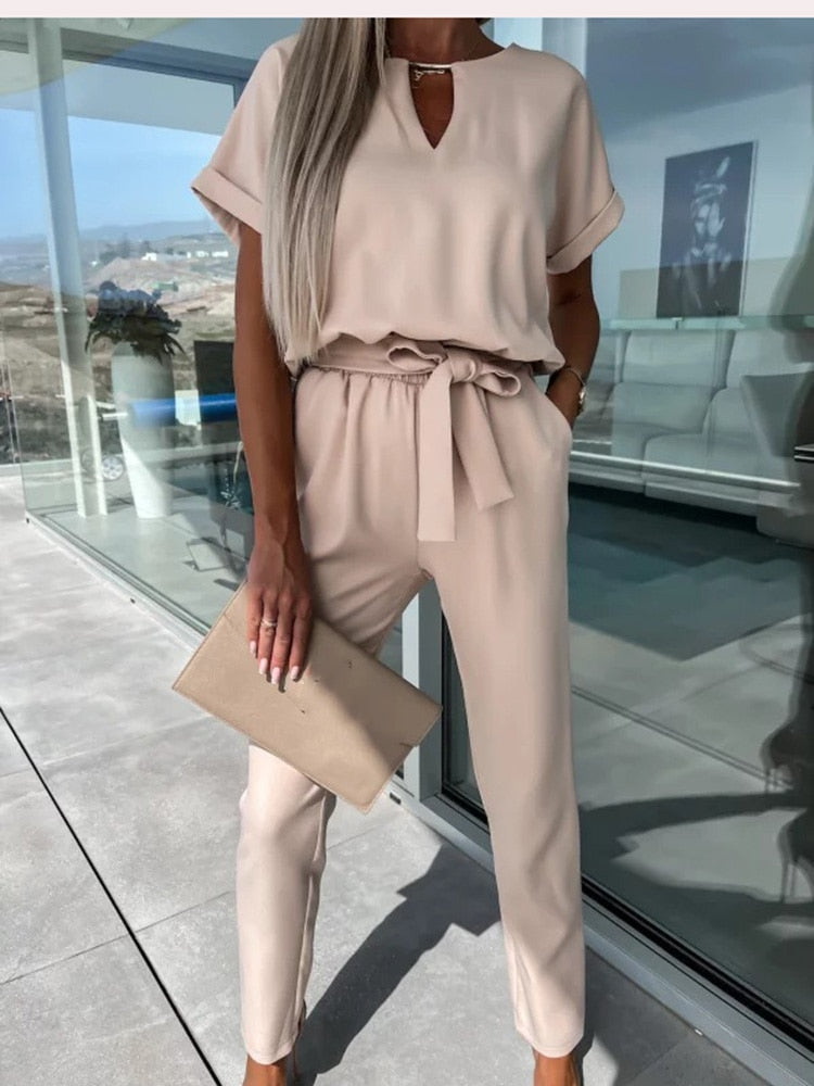 Dames Jumpsuit Korte Mouwen met Ceintuur Elegant