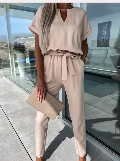 Dames Jumpsuit Korte Mouwen met Ceintuur Elegant