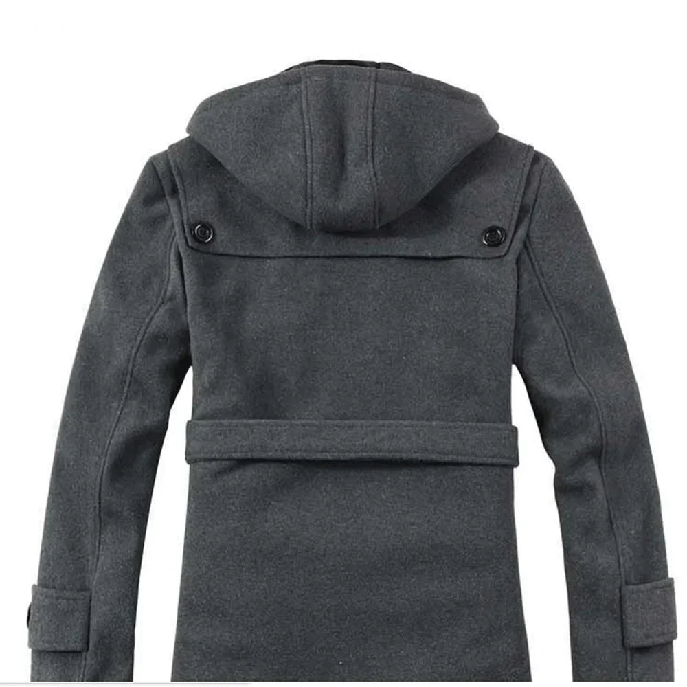 Heren Trenchcoat met Capuchon – Wolmix, Imitatiebont Gevoerd, Enkelrijig Design