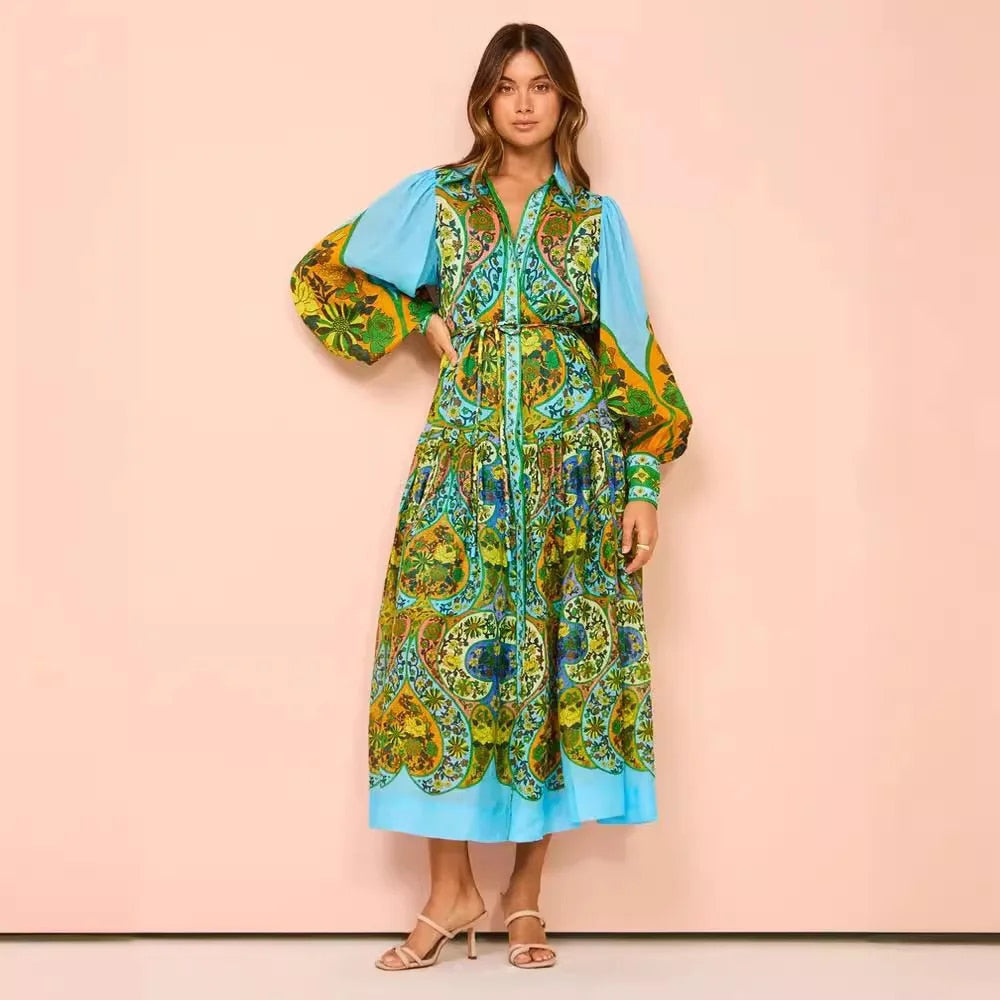 Vrouwelijke Jurk met Unieke Print en Ballonmouwen