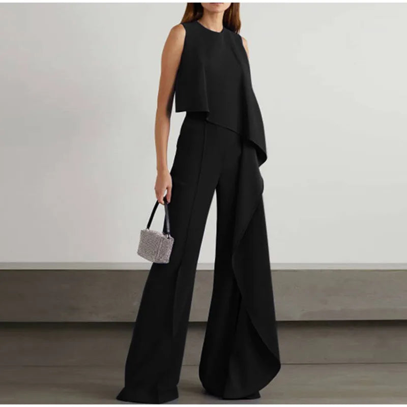 Vrouwelijke Casual Broek Set met Wijd Mouwloze Top