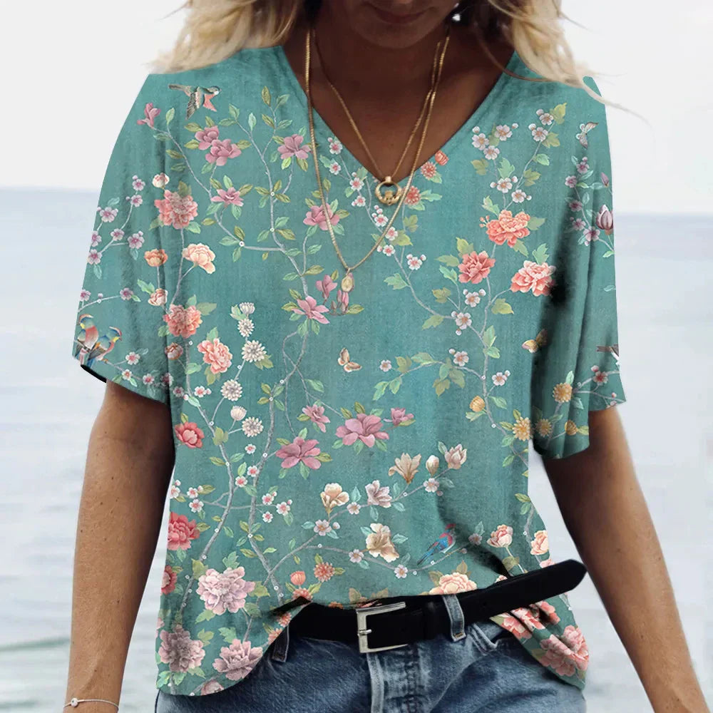V-hals Shirt Korte Mouwen Zomerse Stijl - Mode Vibes