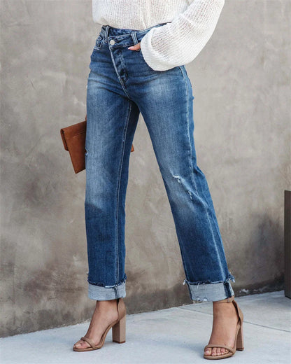 Hoge Taille Jeans Dames Recht Model Met Knoopsluiting