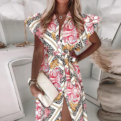 Midi Jurk Korte Mouw V-Hals Knoop Print Zomerjurk