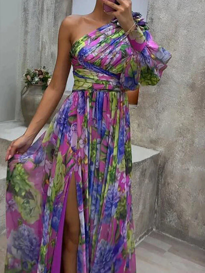 Paarse Maxi Jurk met Zijsplit en Enkele Mouw - Mode Vibes