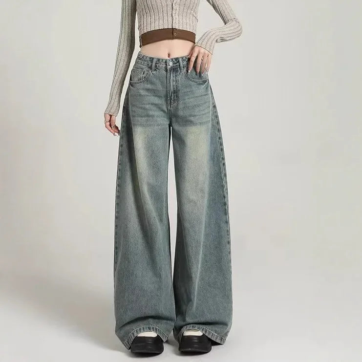 Dames High Waist Jeans Grijze Wide Leg Spijkerbroek Stoere Look