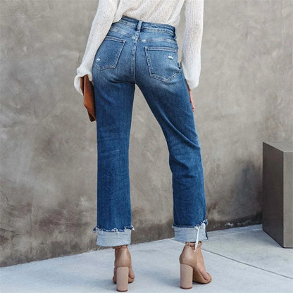 Hoge Taille Jeans Dames Recht Model Met Knoopsluiting