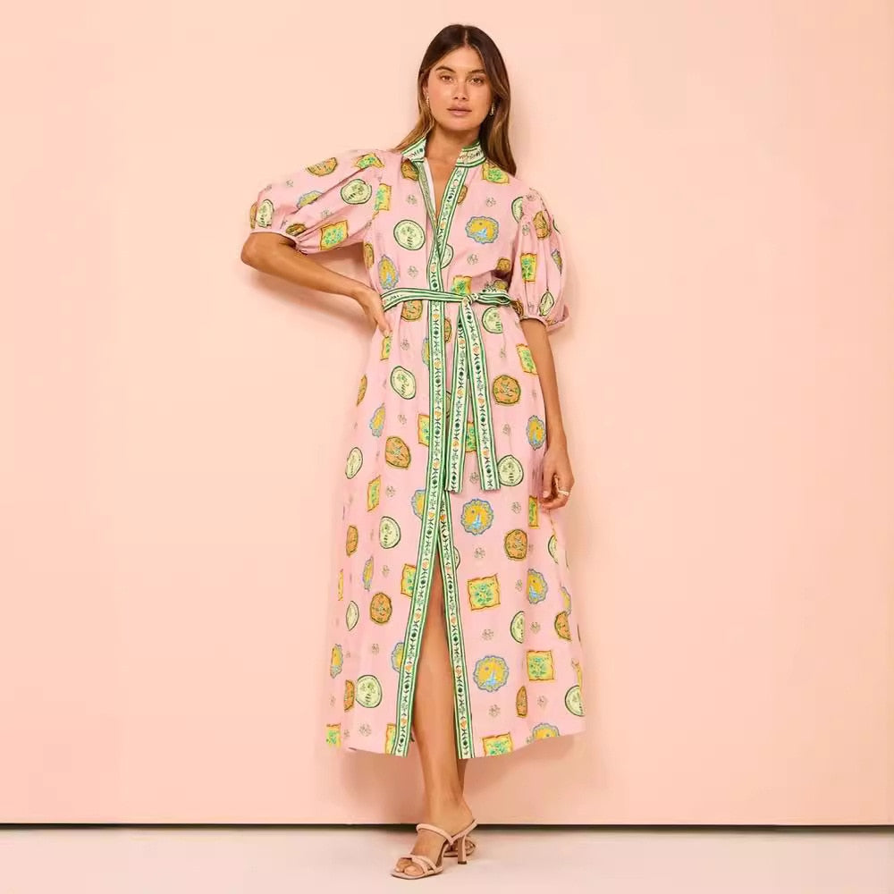 Vrouwelijke Jurk Korte Mouwen Bloemenprint Retro Stijl
