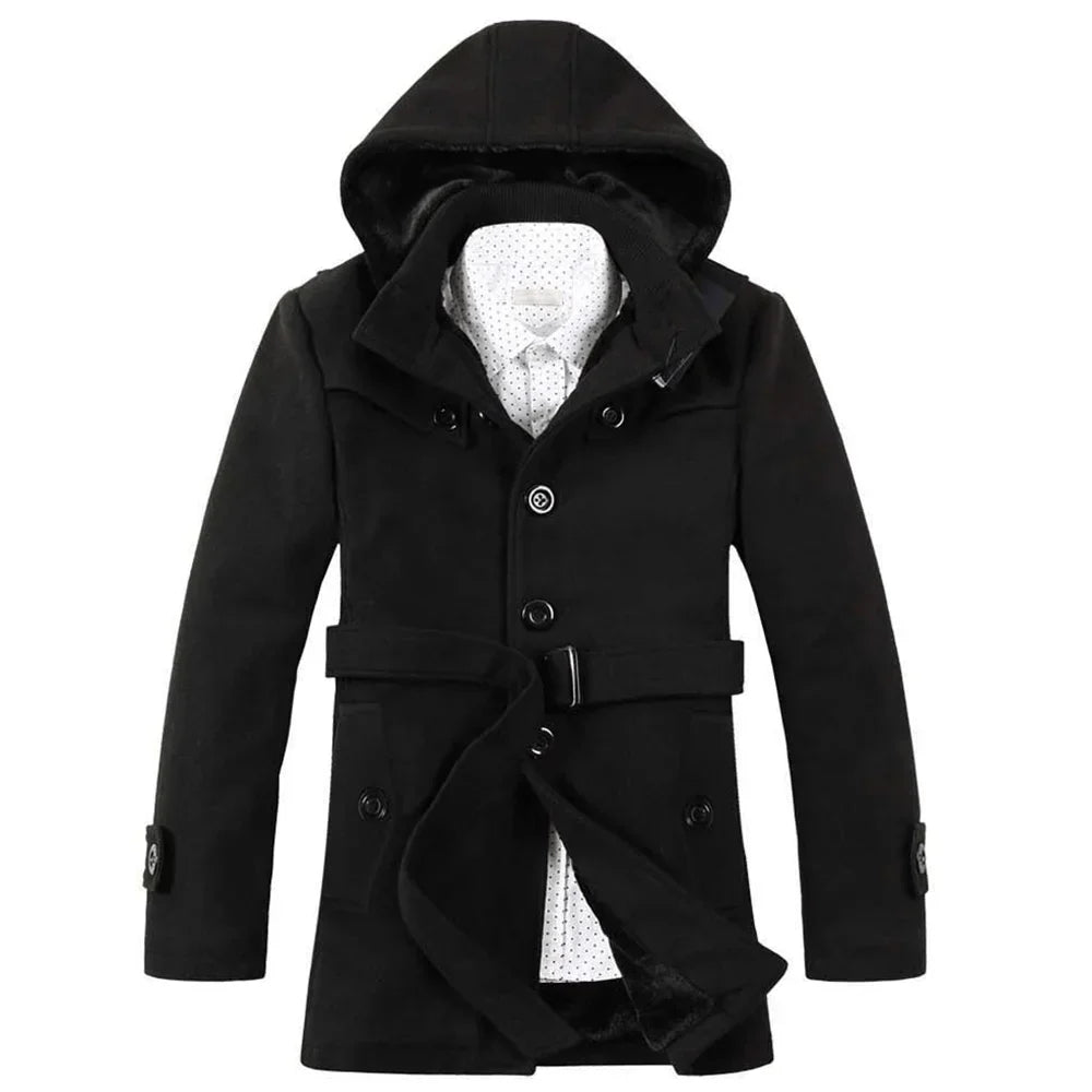 Heren Trenchcoat met Capuchon – Wolmix, Imitatiebont Gevoerd, Enkelrijig Design