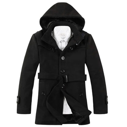 Heren Trenchcoat met Capuchon – Wolmix, Imitatiebont Gevoerd, Enkelrijig Design