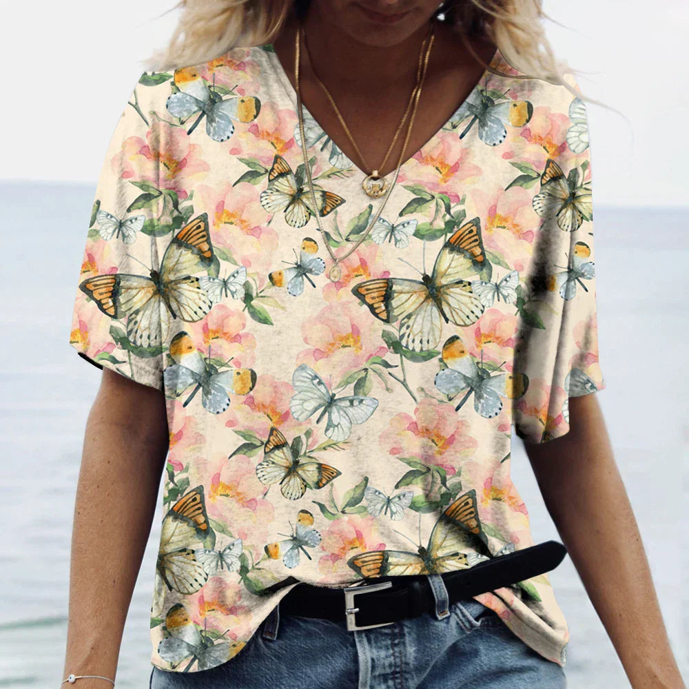 Vlinderbloemen Shirt voor Vrouw met Kleurrijke Print