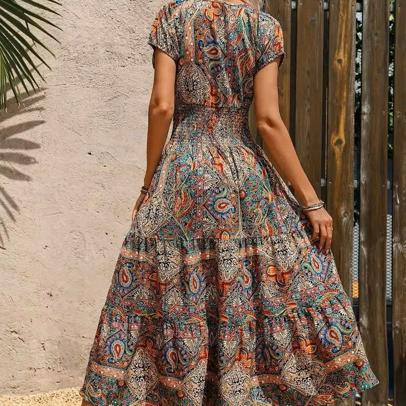 Dames Maxidress Boho Print V-hals Zomerjurk