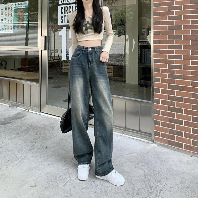 Hoge Taille Wide Leg Jeans Dames Retro Stijl