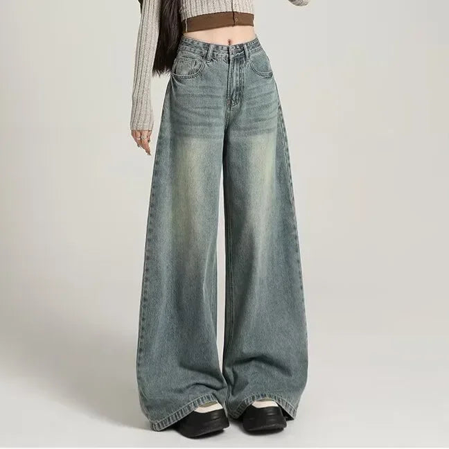 Dames High Waist Jeans Grijze Wide Leg Spijkerbroek Stoere Look