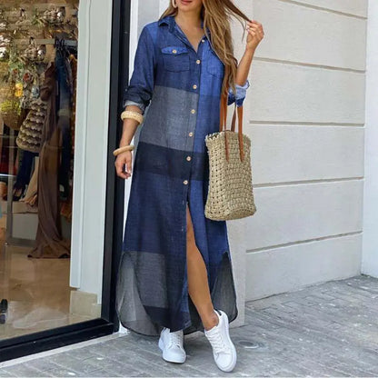 Maxi Denim Jurk met Relaxte Pasvorm en Shirtkraag - Mode Vibes