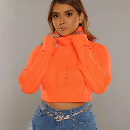Mira | Neon coltrui crop trui voor dames | Oranje