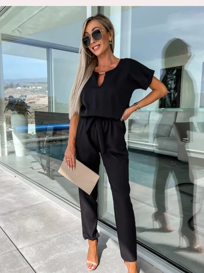 Dames Jumpsuit Korte Mouwen met Ceintuur Elegant