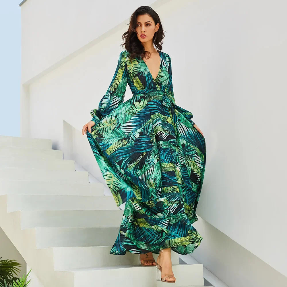 Lange Damesjurk V-hals Lantaarnmouwen Elegante Zomerjurk