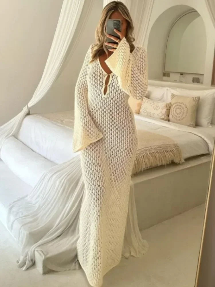 Strandjurk Gebreid Gehaakt V-Hals Open Rug Zomerjurk - Mode Vibes