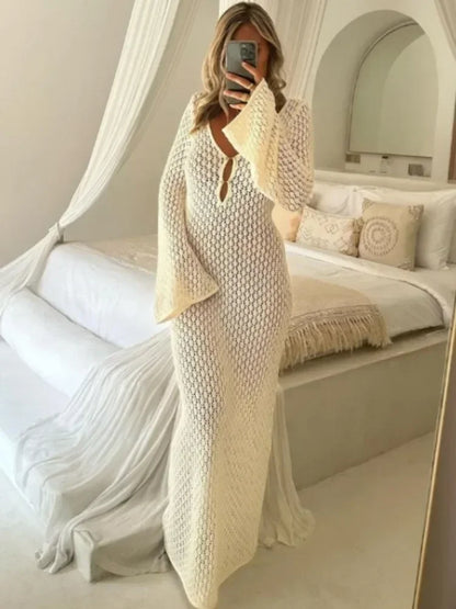 Strandjurk Gebreid Gehaakt V-Hals Open Rug Zomerjurk - Mode Vibes