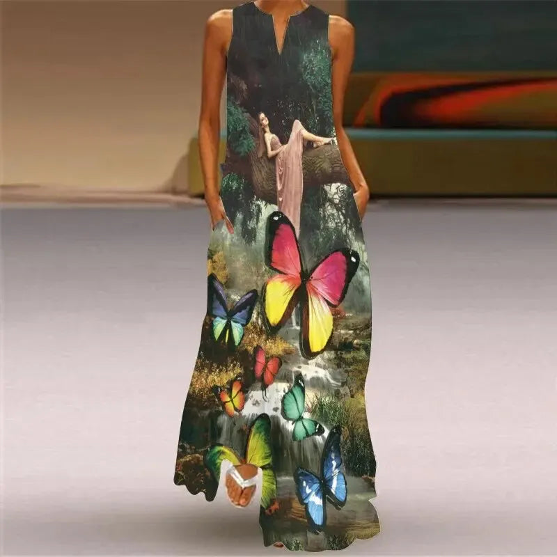 Vrouwelijke Lange Jurk met Retro Bloemenprint - Mode Vibes