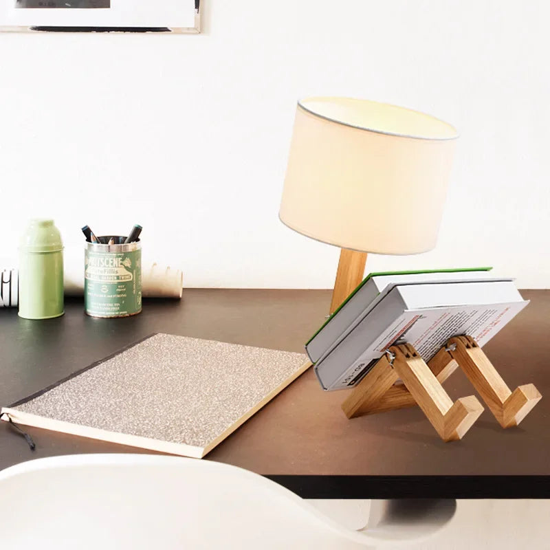 Houten Tafellamp met Boekenrek en Dimbare Verlichting