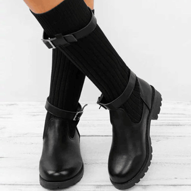 Dames Leren Laarzen Warm Gebreid Wol Winter