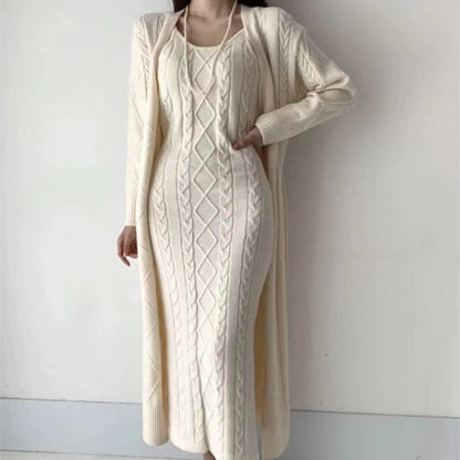 Warme Gebreide Winterjurk met Vest 2-Delige Set