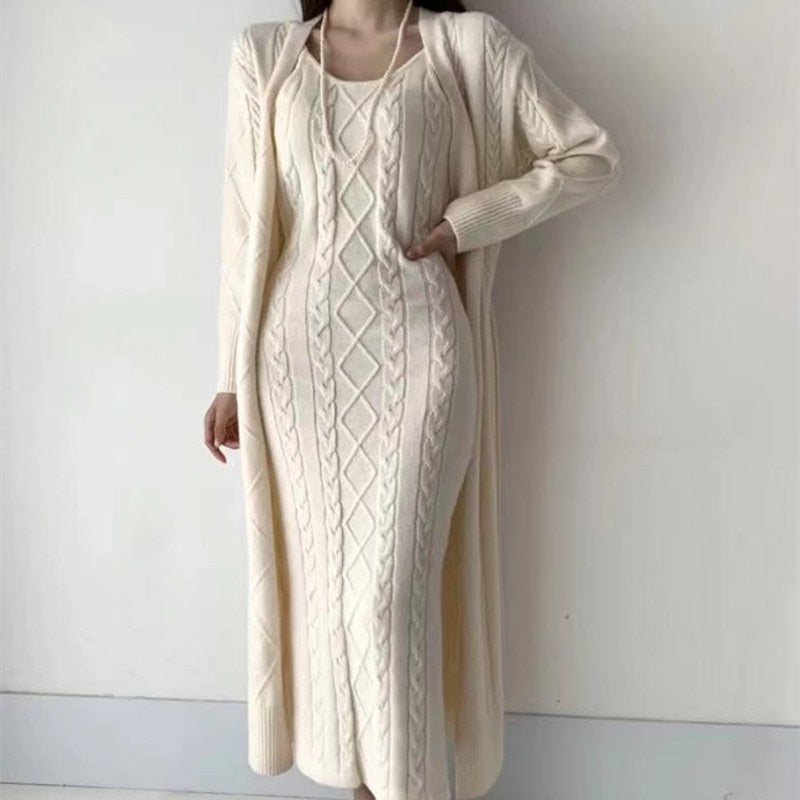 Warme Gebreide Winterjurk met Vest 2-Delige Set