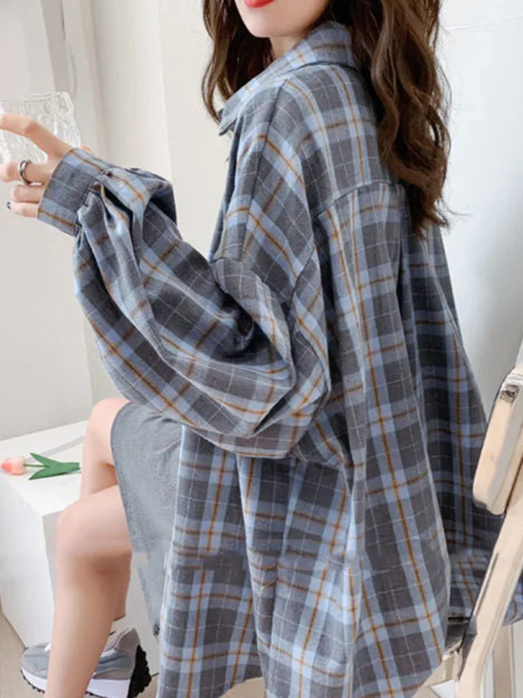 Zaria | Dames Oversized Geruit Hemd met Lange Mouwen | Blauw