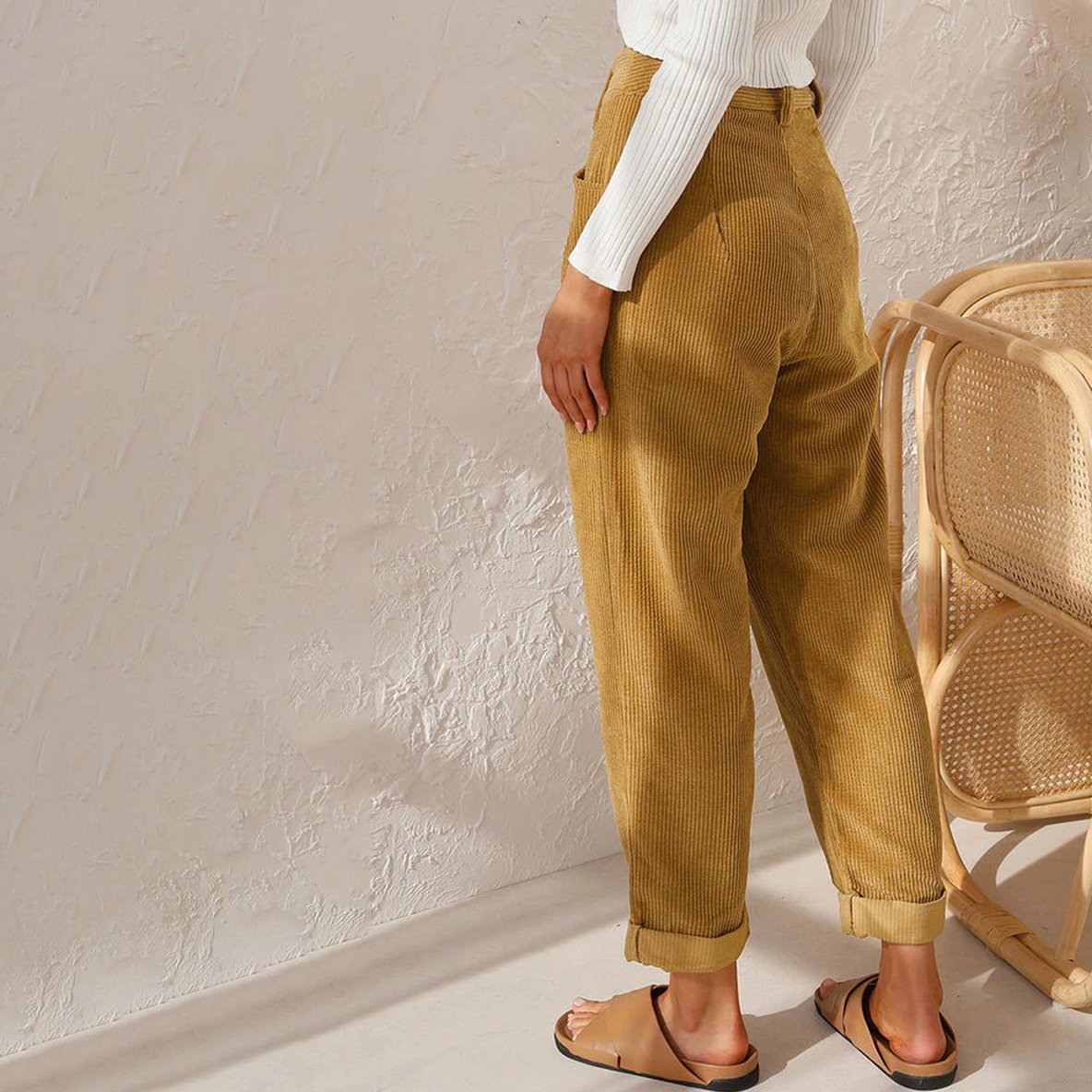 Corduroy Damesbroek met Hoge Taille en Opgerolde Zomen
