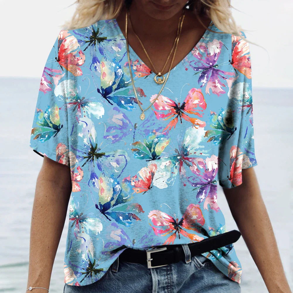 Vlinderbloemen Shirt voor Vrouw met Kleurrijke Print - Mode Vibes