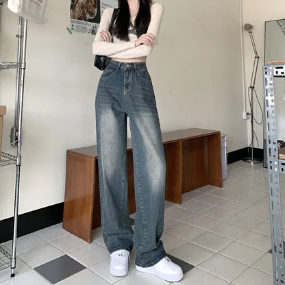 Hoge Taille Wide Leg Jeans Dames Retro Stijl