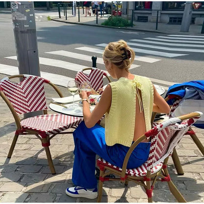 Vrouwelijke Gebreide Top met Veters en Rugloos Model