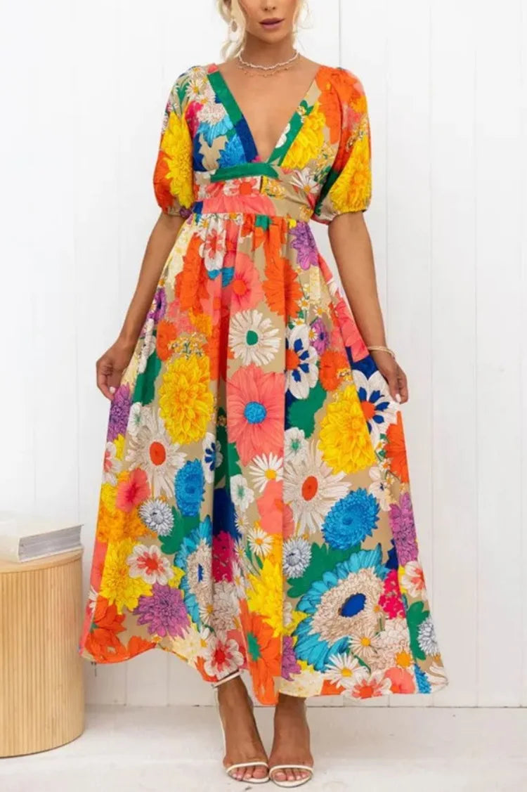 Vrouwelijke Jurk met Pofmouwen en Bloemenprint - Mode Vibes