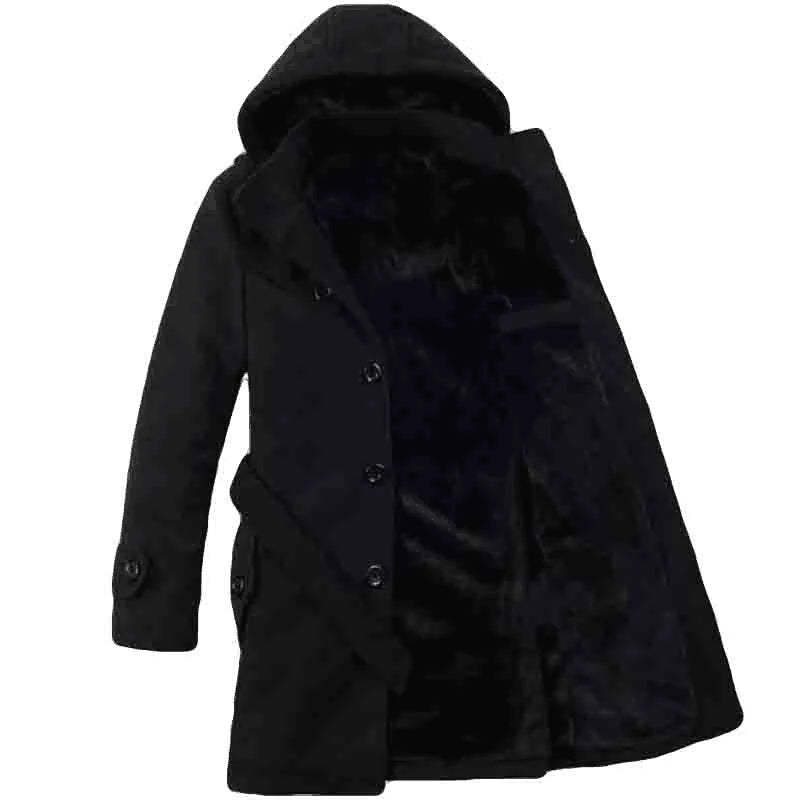 Heren Trenchcoat met Capuchon – Wolmix, Imitatiebont Gevoerd, Enkelrijig Design