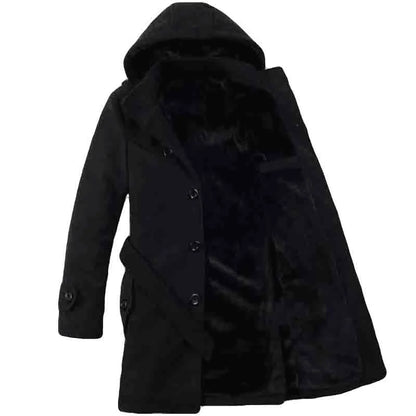Heren Trenchcoat met Capuchon – Wolmix, Imitatiebont Gevoerd, Enkelrijig Design