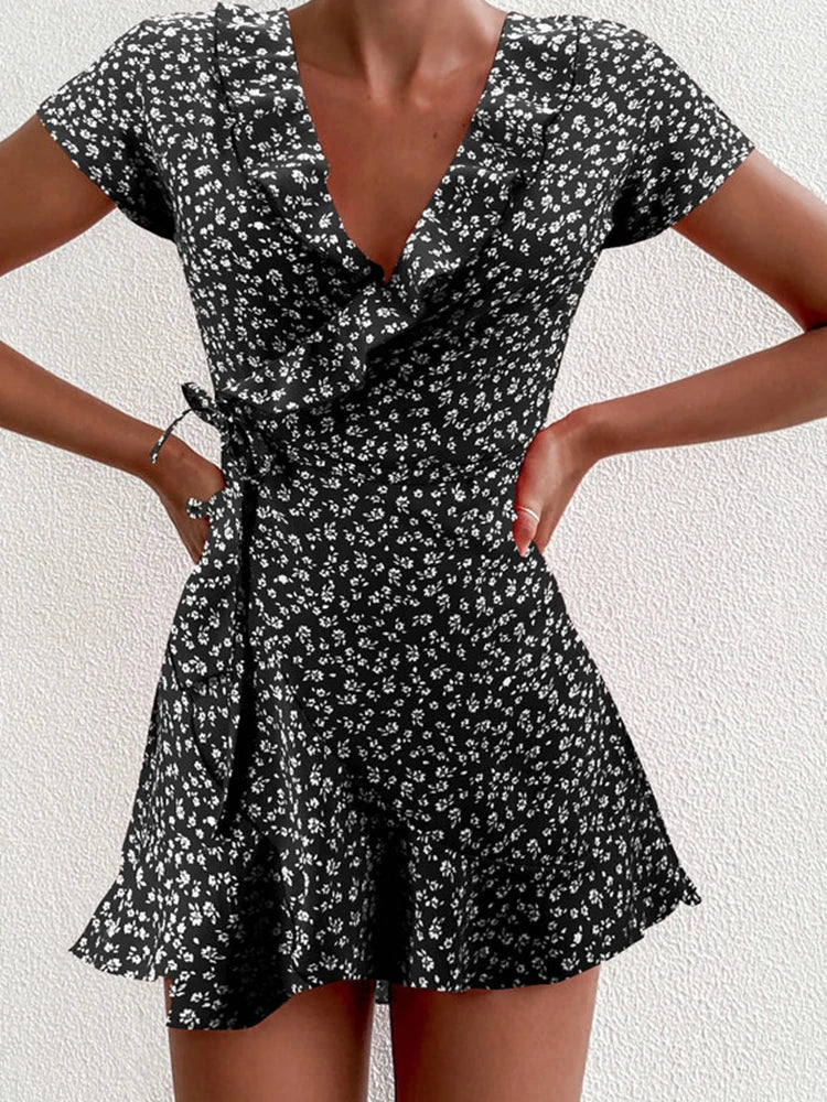 Galassia | Mini Abito Floreale Elegante con Scollo a V e Design A-Line-2