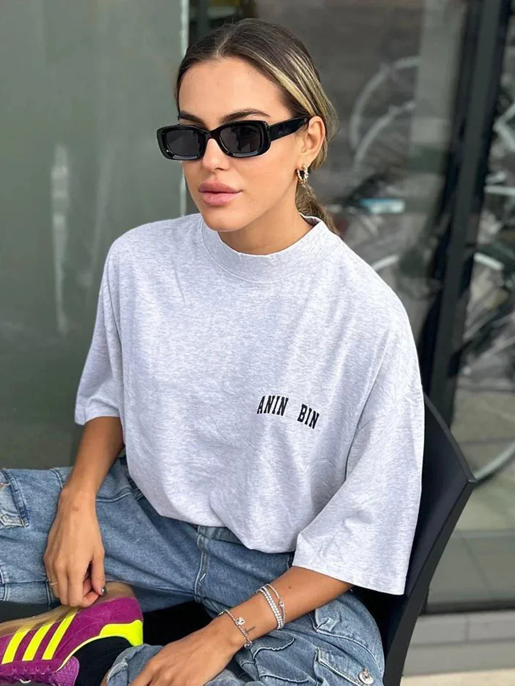 Dames T-Shirt Oversized Grijs met Logo