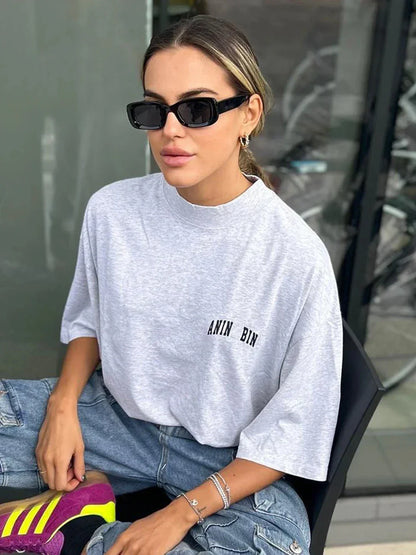 Dames T-Shirt Oversized Grijs met Logo